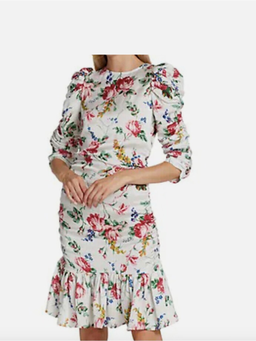 Puff-Sleeve Floral Midi Dress in White and Pink